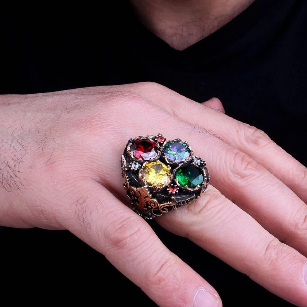 4 Renkli Zirkon Taşlı Gümüş YüzükDouble Headed Eagle Seljuk Ring
