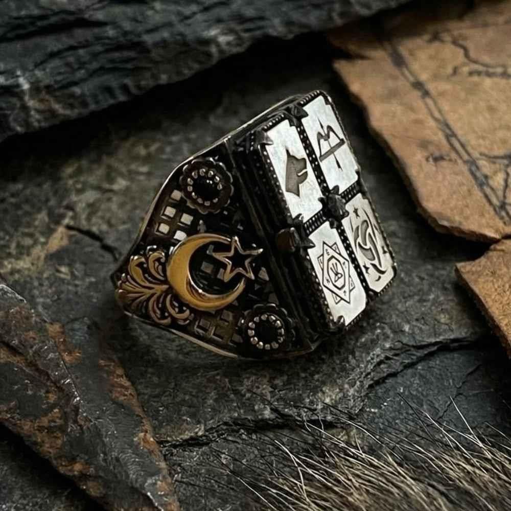 4 Sembol İşlemeli Özel Yapım Gümüş YüzükAy Yıldız Yüzük