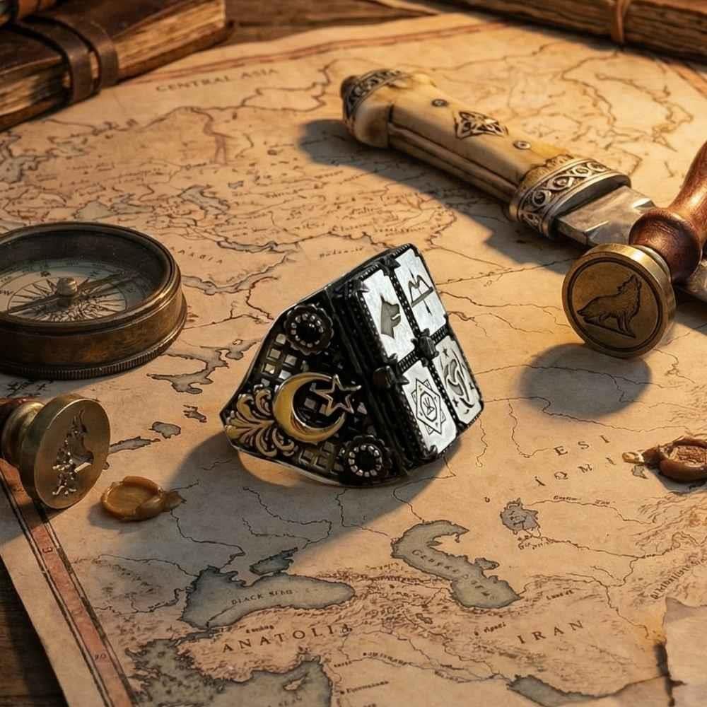 4 Sembol İşlemeli Özel Yapım Gümüş YüzükAy Yıldız Yüzük