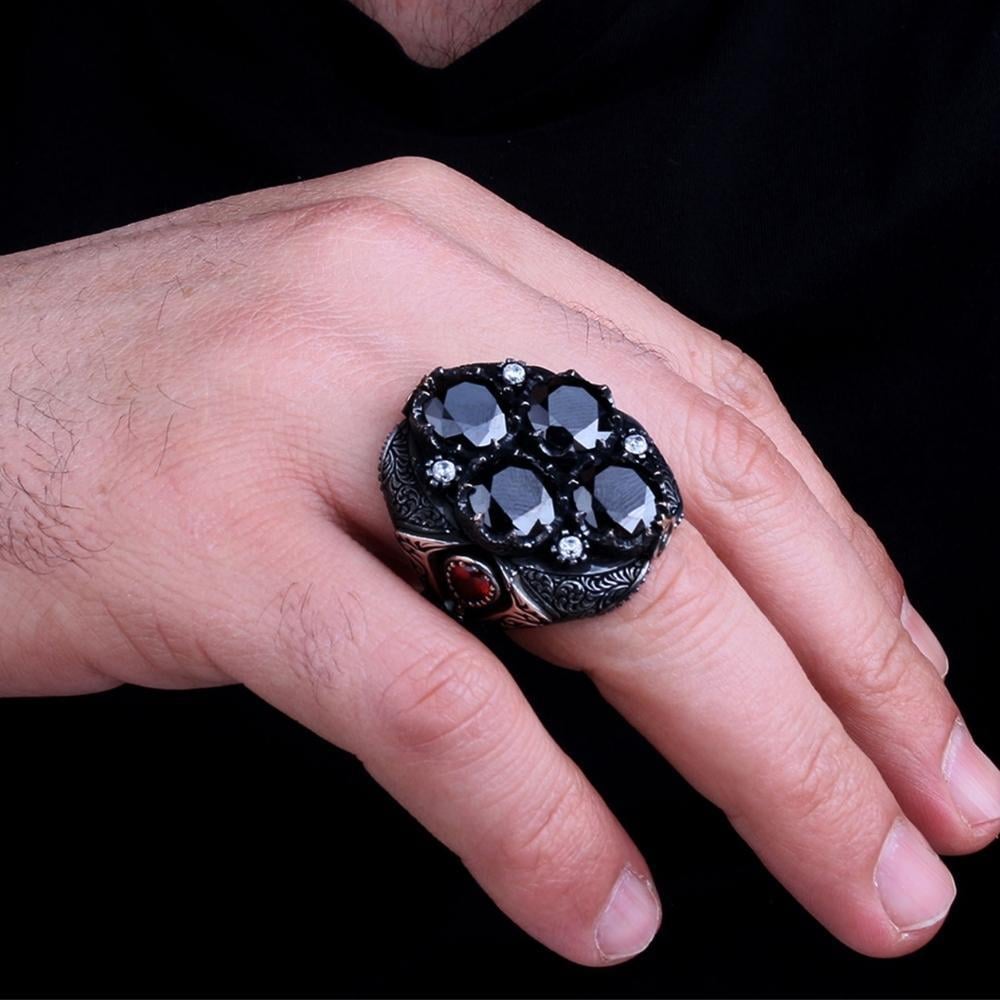 4 Siyah Zirkon Taşlı Gümüş YüzükZircon Stone Ring