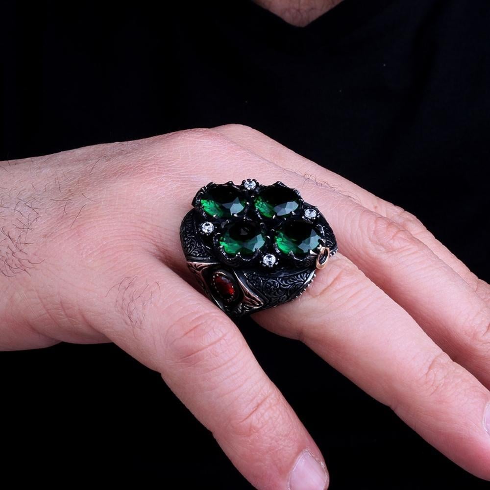 4 Yeşil Zirkon Taşlı Gümüş YüzükZircon Stone Ring