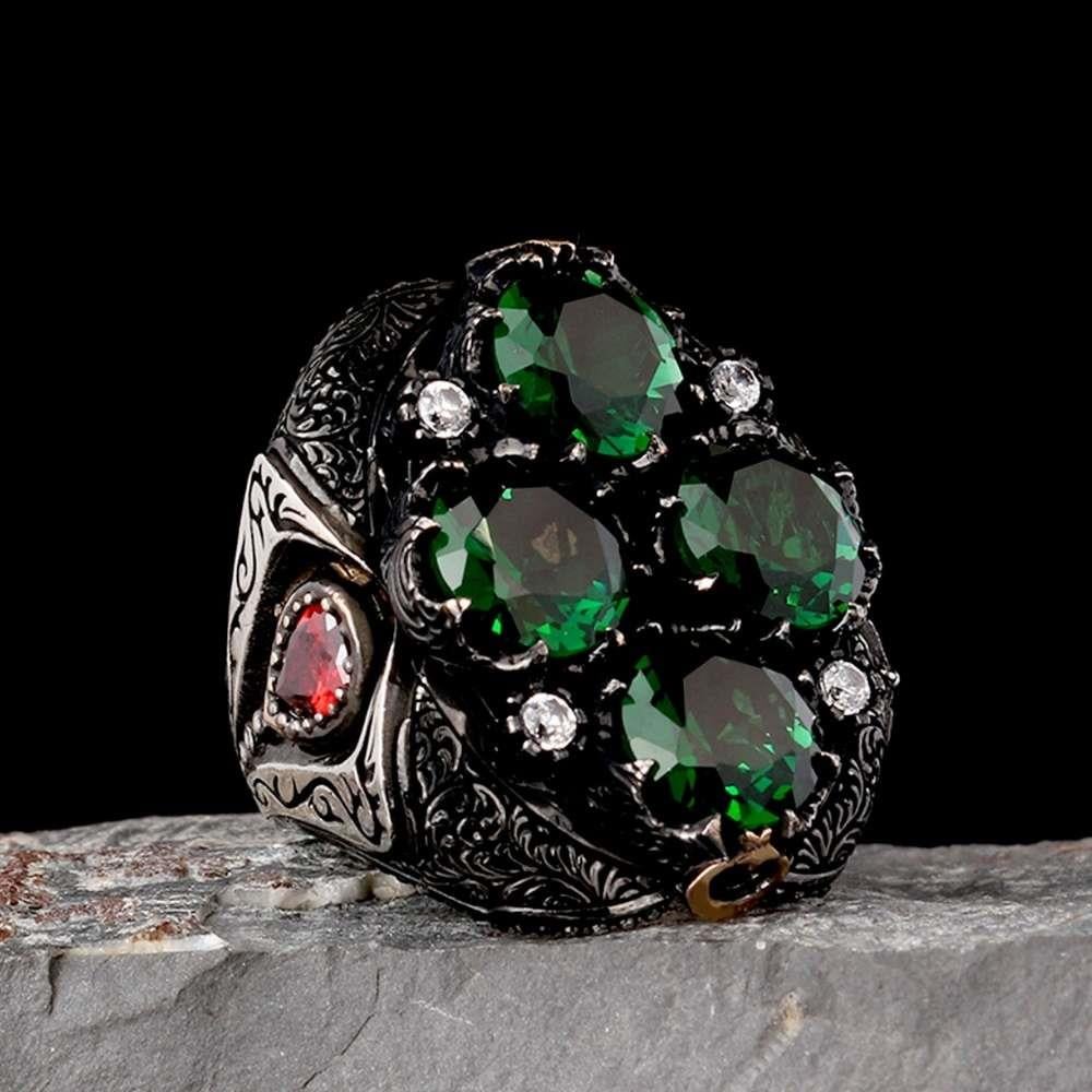 4 Yeşil Zirkon Taşlı Gümüş YüzükZircon Stone Ring