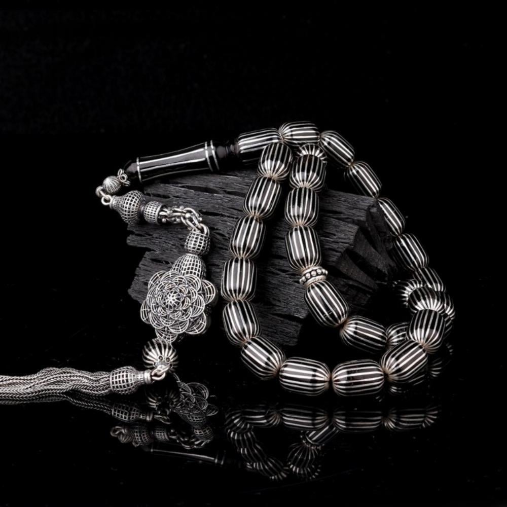 925 Ayar Gümüş 20'Li Karpuz Kesim Erzurum Oltu Taşı TesbihErzurum Oltu Stone Rosary