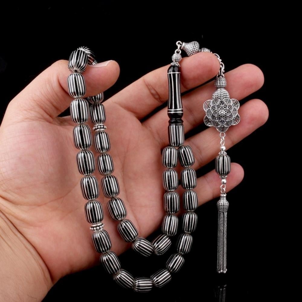 925 Ayar Gümüş 20'Li Karpuz Kesim Erzurum Oltu Taşı TesbihErzurum Oltu Stone Rosary