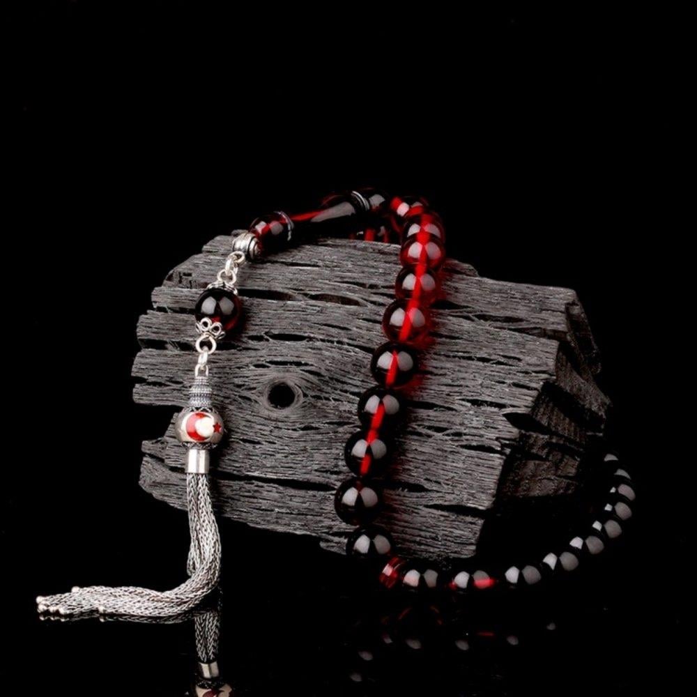 925 Ayar Gümüş Ay Yıldız Püsküllü Ateş Kehribar TesbihAteş Kehribar Tesbih