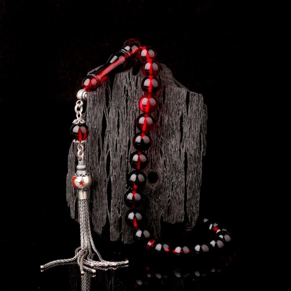 925 Ayar Gümüş Ay Yıldız Püsküllü Ateş Kehribar TesbihAteş Kehribar Tesbih