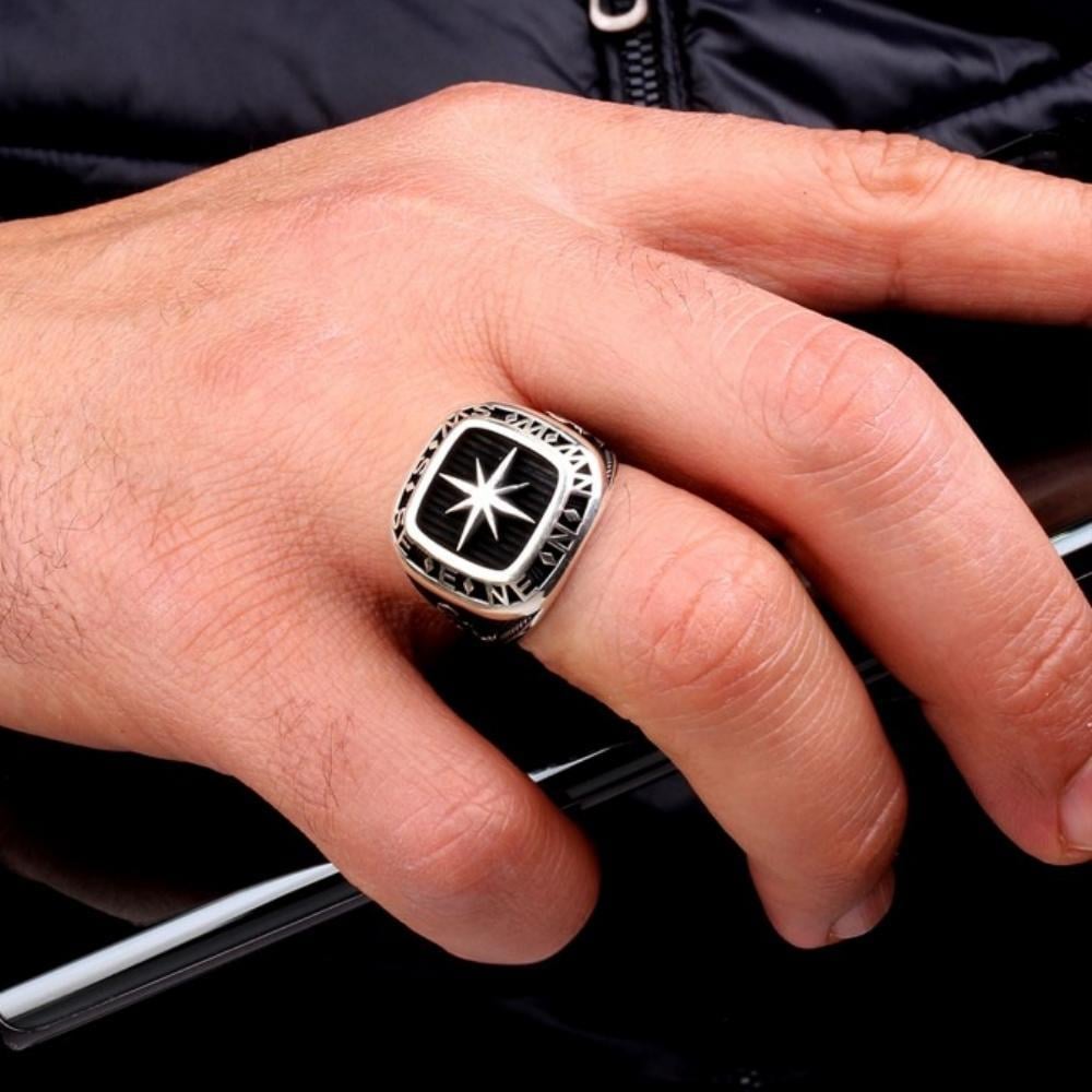 925 Ayar Gümüş Deniz Çapası Pusula Model Erkek YüzükTaşsız Yüzükler