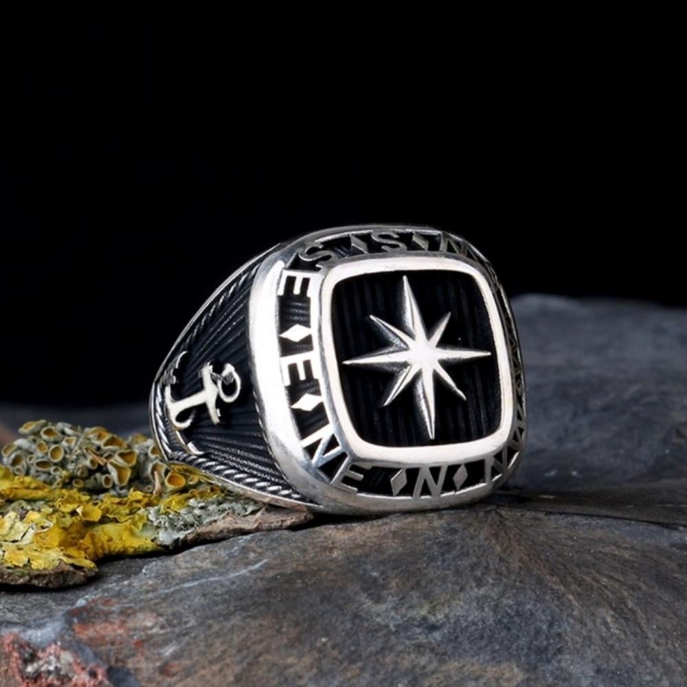 925 Ayar Gümüş Deniz Çapası Pusula Model Erkek YüzükTaşsız Yüzükler