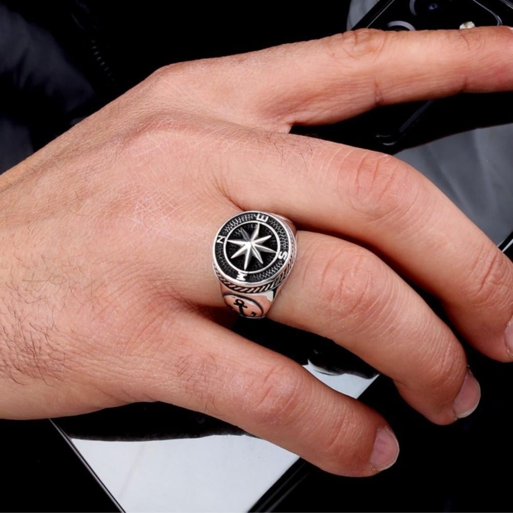 925 Ayar Gümüş Deniz Çapası ve Pusula Model Erkek YüzükZirkon Taşlı Yüzükler