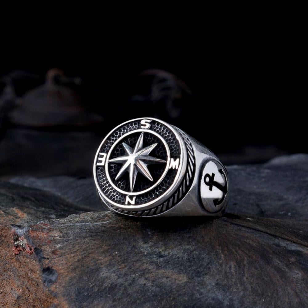 925 Ayar Gümüş Deniz Çapası ve Pusula Model Erkek YüzükZirkon Taşlı Yüzükler