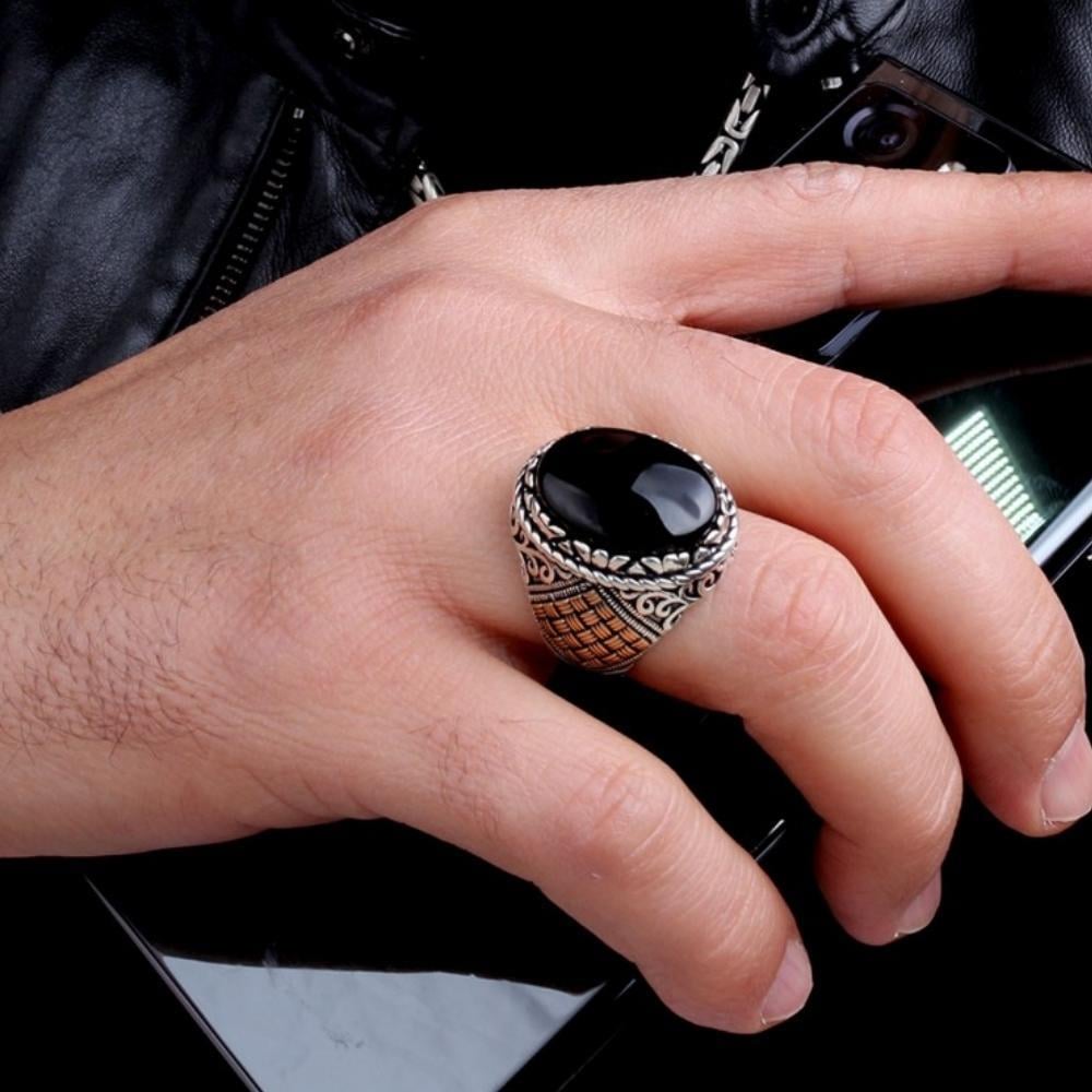 925 Ayar Gümüş Desen Oniks Taşlı Erkek Model YüzükOniks Taşlı Yüzükler
