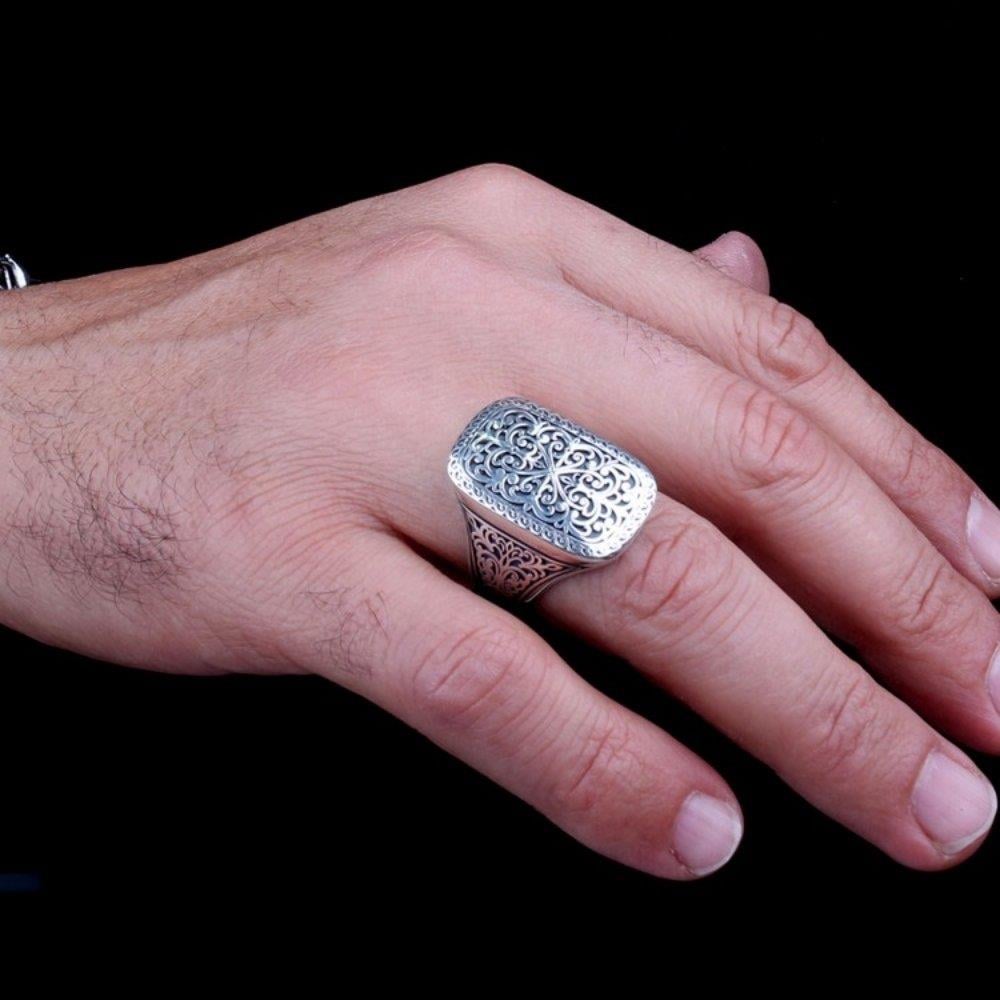 925 Ayar Gümüş Kalem İşleme Otantik Model Erkek YüzükTaşsız Yüzükler