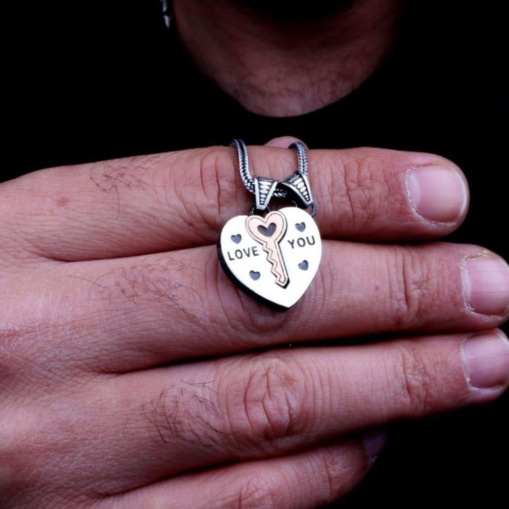 925 Ayar Gümüş Kalp Anahtar Motifli Unisex Model KolyeKolye