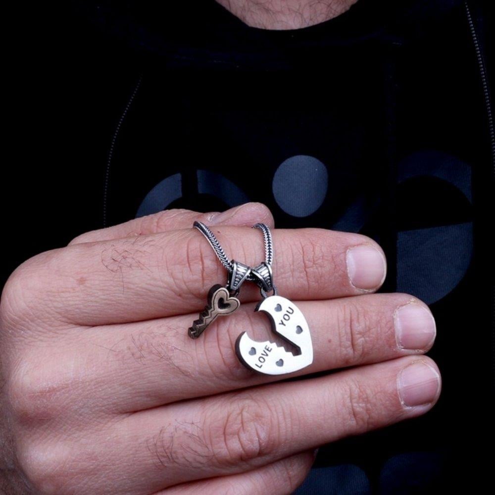 925 Ayar Gümüş Kalp Anahtar Motifli Unisex Model KolyeKolye