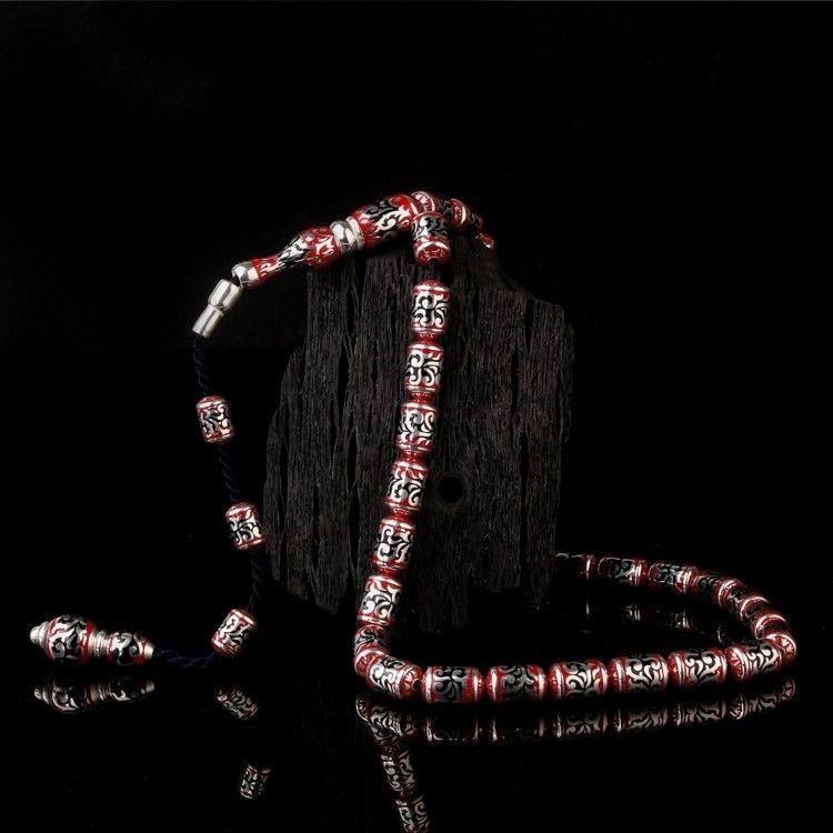 925 Ayar Gümüş Kapsül Kesim Kırmızı Siyah Mineli TesbihGümüş Tesbih