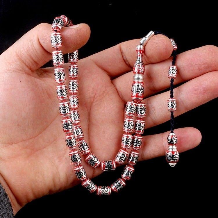 925 Ayar Gümüş Kapsül Kesim Kırmızı Siyah Mineli TesbihGümüş Tesbih