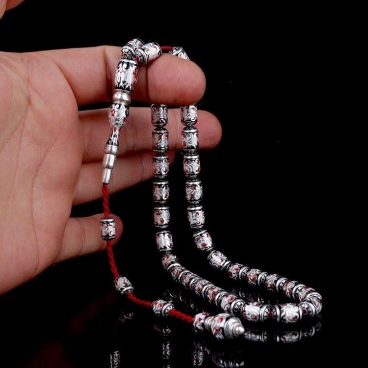925 Ayar Gümüş Kapsül Kesim Kırmızı Siyah Beyaz Mineli TesbihGümüş Tesbih