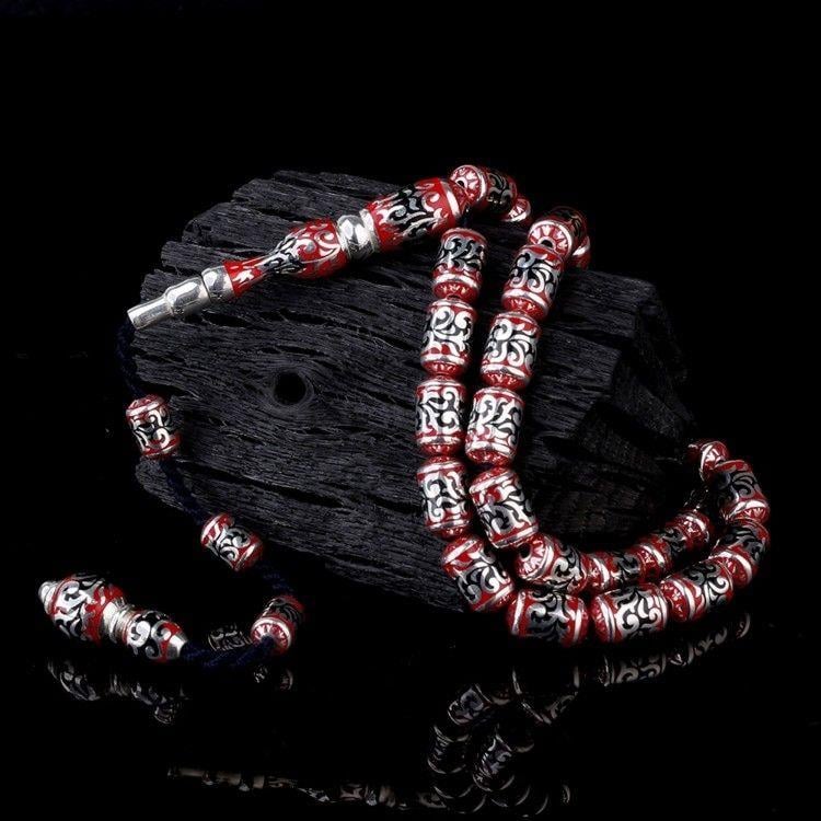 925 Ayar Gümüş Kapsül Kesim Kırmızı Siyah Mineli TesbihGümüş Tesbih