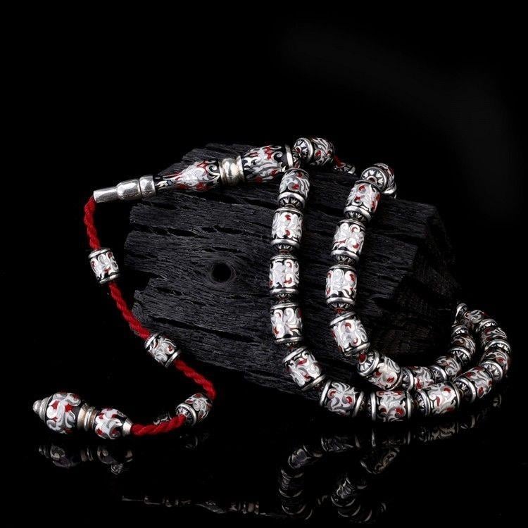 925 Ayar Gümüş Kapsül Kesim Kırmızı Siyah Beyaz Mineli TesbihGümüş Tesbih