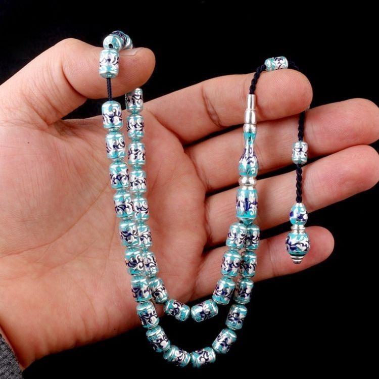 925 Ayar Gümüş Kapsül Kesim Turkuaz Mavi Mineli TesbihGümüş Tesbih