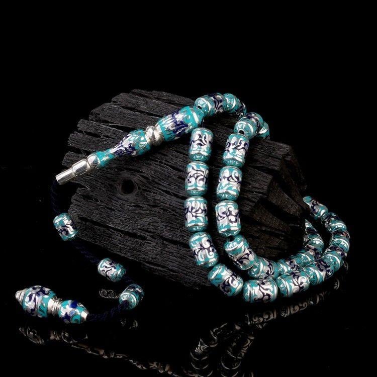 925 Ayar Gümüş Kapsül Kesim Turkuaz Mavi Mineli TesbihGümüş Tesbih