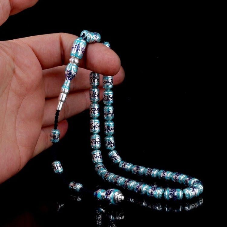 925 Ayar Gümüş Kapsül Kesim Turkuaz Mavi Mineli TesbihGümüş Tesbih