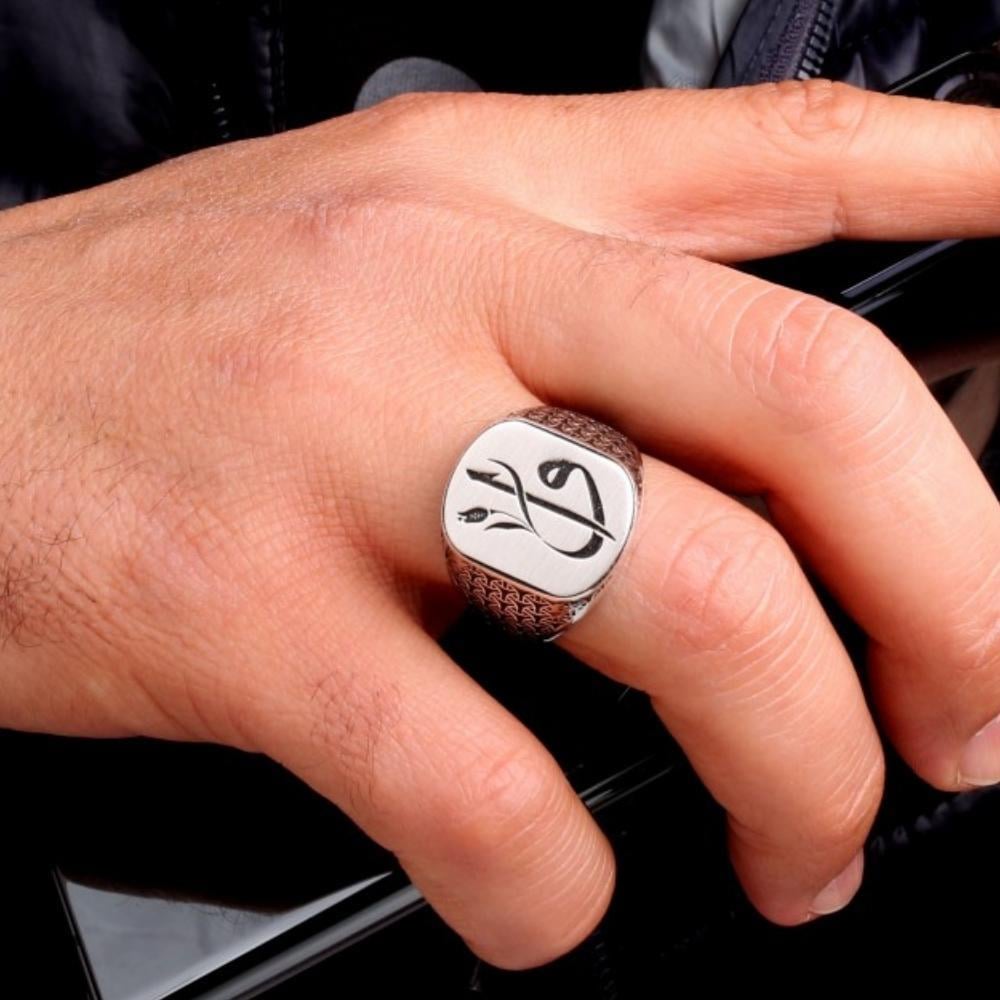925 Ayar Gümüş Lale Motif Elif Vav Erkek YüzükAlep Waw Ring