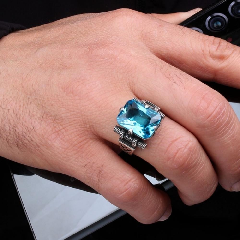 925 Ayar Gümüş Mavi Zirkon Taşlı Model Erkek YüzükZircon Stone Ring
