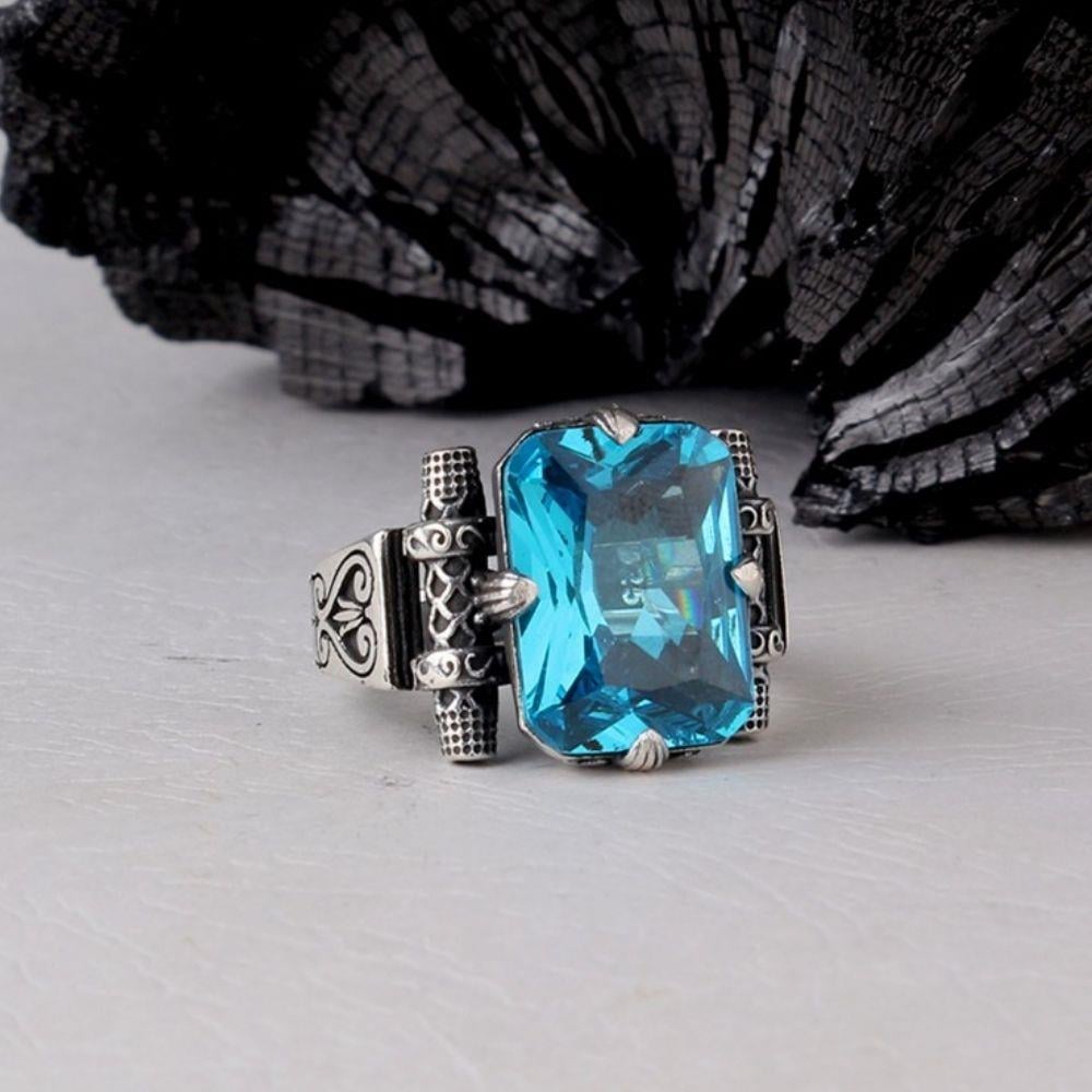 925 Ayar Gümüş Mavi Zirkon Taşlı Model Erkek YüzükZircon Stone Ring