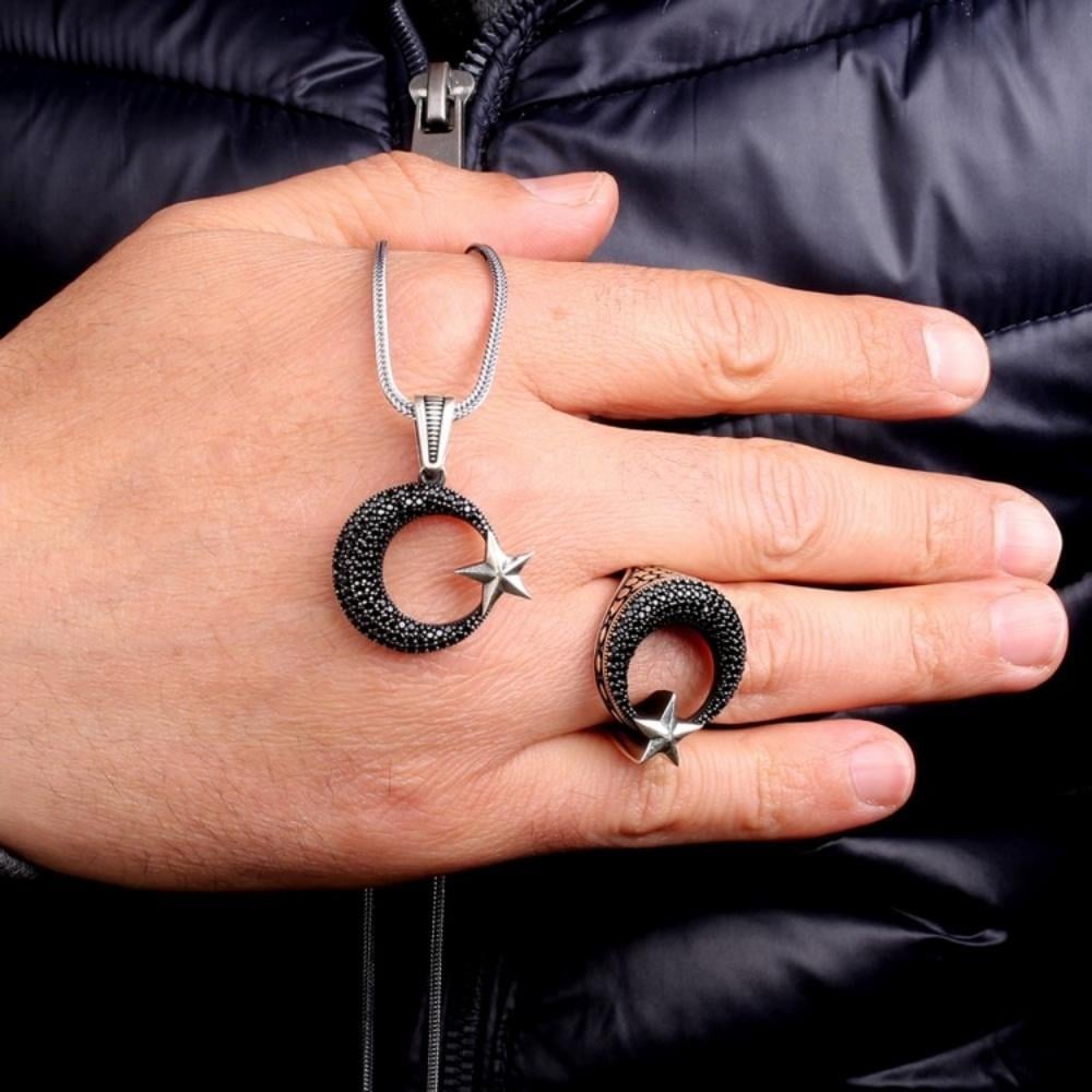 925 Ayar Gümüş Mikro Taşlı Ay Yıldız Kolye Yüzük KombiniYüzük Kolye Kombinleri