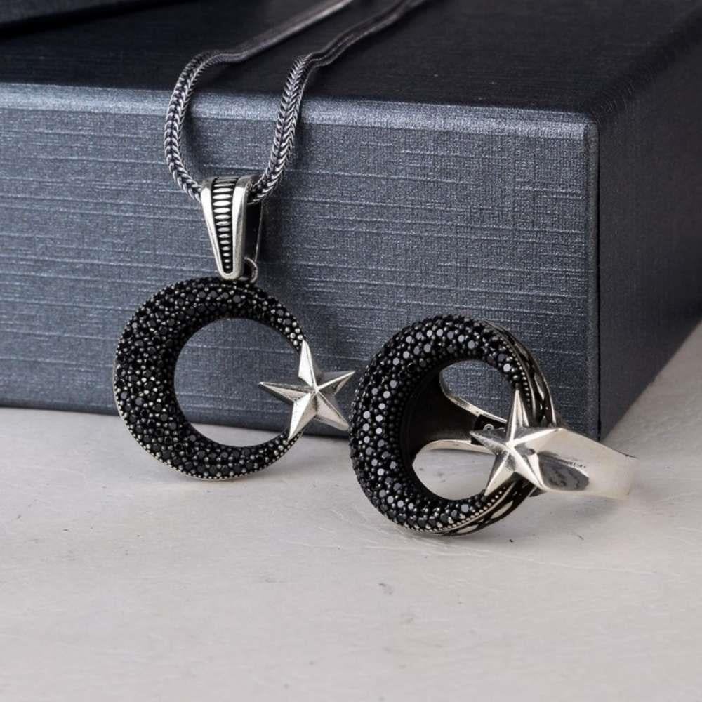 925 Ayar Gümüş Mikro Taşlı Ay Yıldız Kolye Yüzük KombiniYüzük Kolye Kombinleri