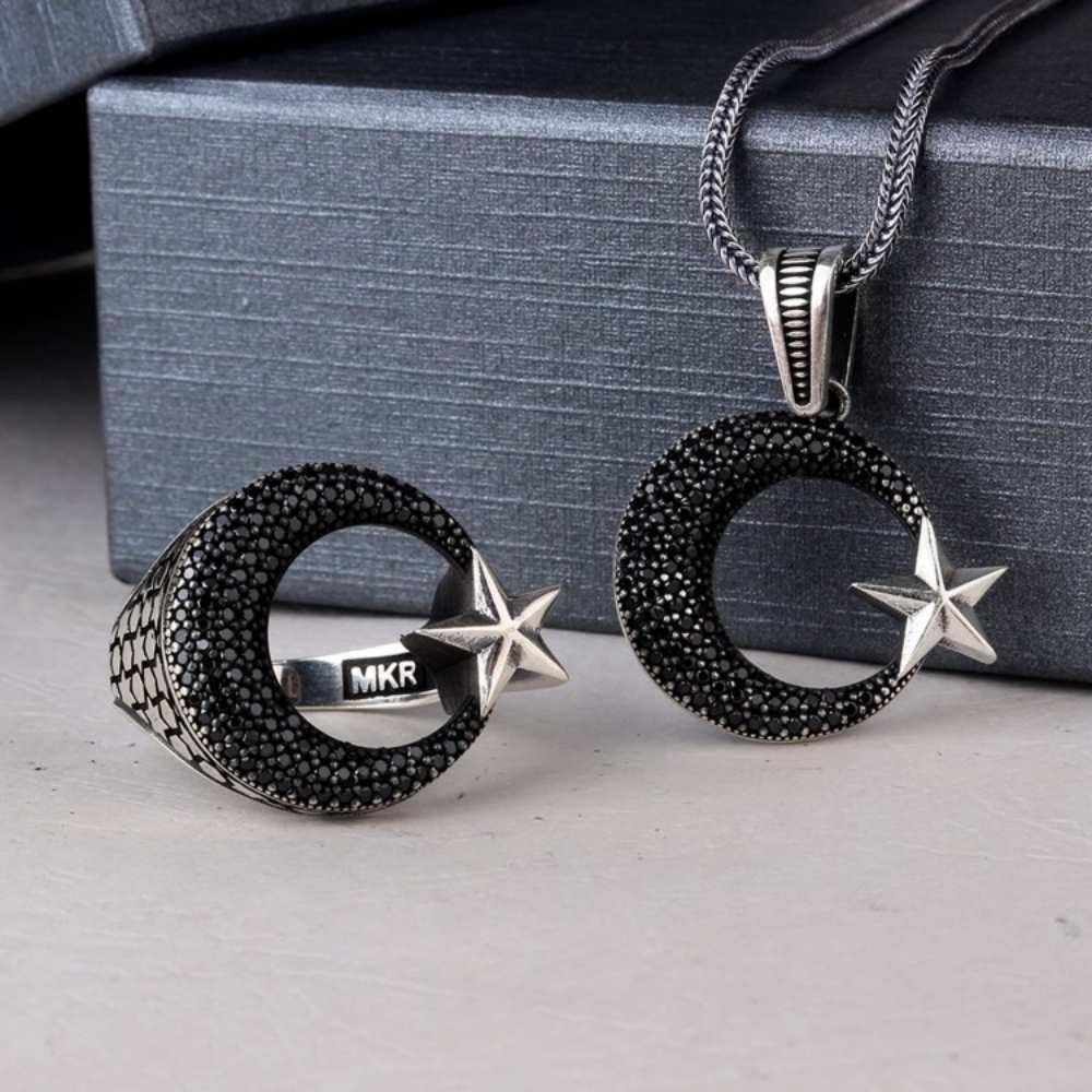 925 Ayar Gümüş Mikro Taşlı Ay Yıldız Kolye Yüzük KombiniYüzük Kolye Kombinleri