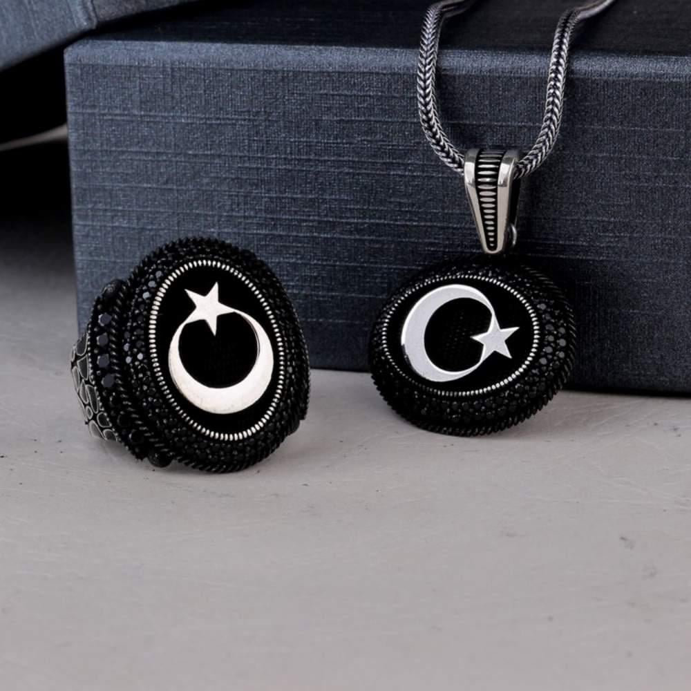 925 Ayar Gümüş Mikro Taşlı Türk Bayrağı Kolye Yüzük KombiniYüzük Kolye Kombinleri