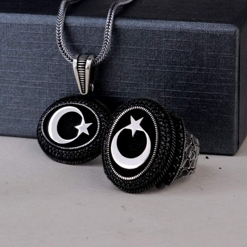 925 Ayar Gümüş Mikro Taşlı Türk Bayrağı Kolye Yüzük KombiniYüzük Kolye Kombinleri