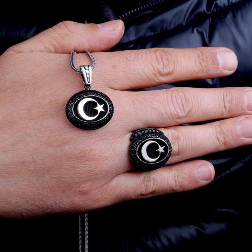 925 Ayar Gümüş Mikro Taşlı Türk Bayrağı Kolye Yüzük KombiniYüzük Kolye Kombinleri