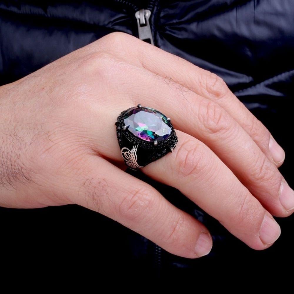 925 Ayar Gümüş Mistik Topaz Taşlı Tuğra Model YüzükTuğra Yüzük
