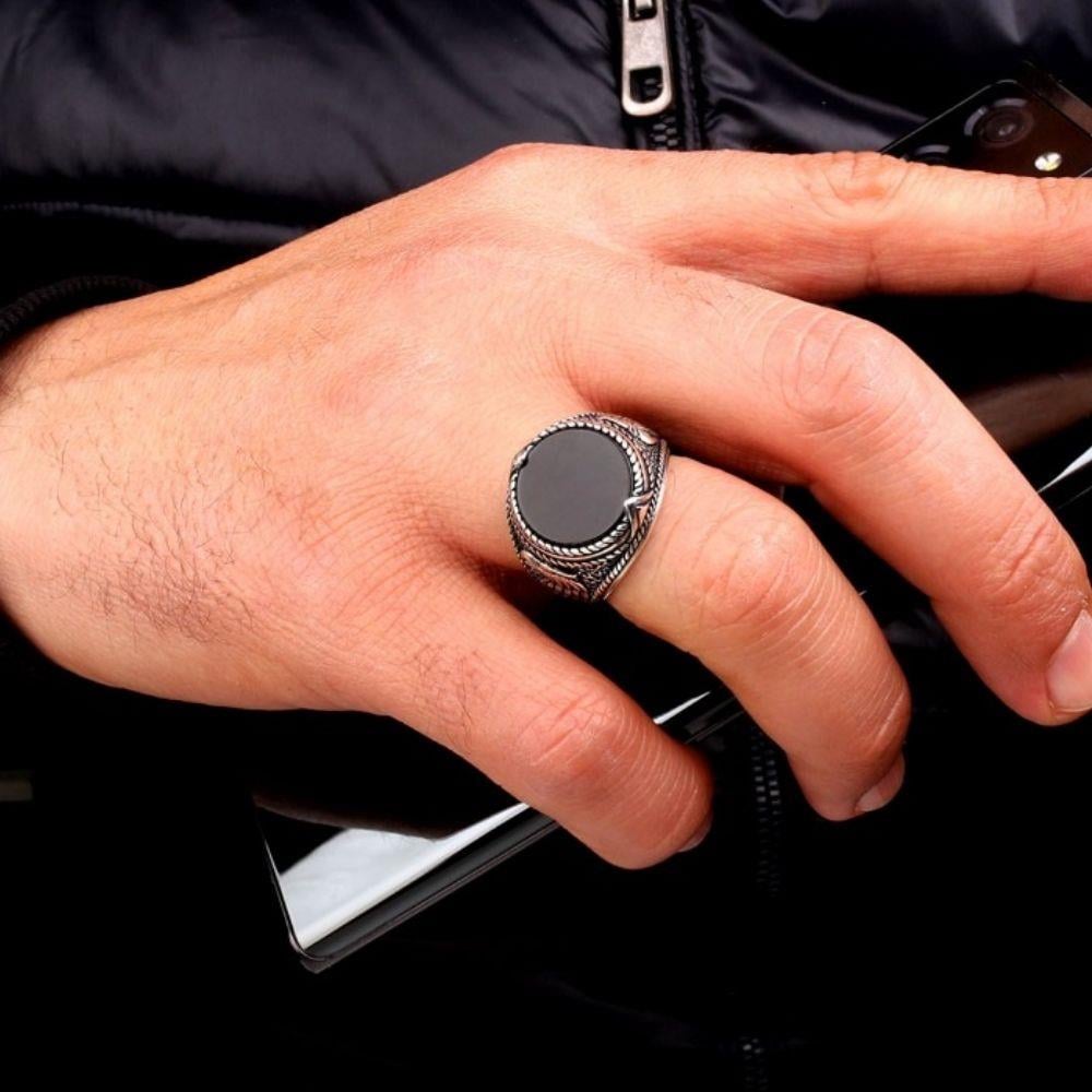 925 Ayar Gümüş Oniks Taşlı Kartal Motifli Erkek YüzükOnyx Stone Ring
