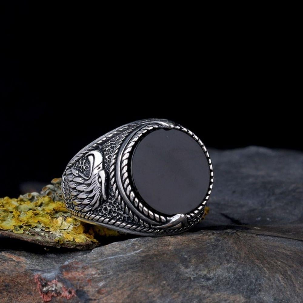 925 Ayar Gümüş Oniks Taşlı Kartal Motifli Erkek YüzükOnyx Stone Ring
