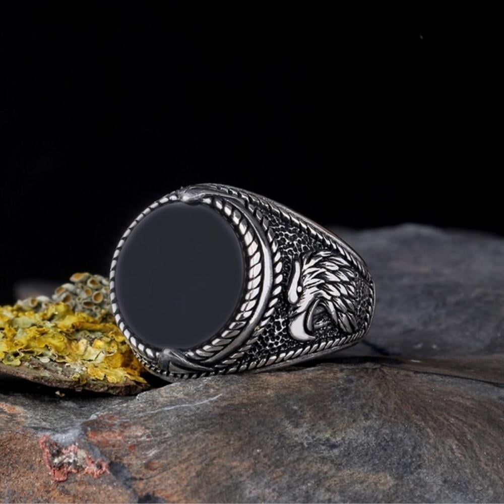 925 Ayar Gümüş Oniks Taşlı Kartal Motifli Erkek YüzükOnyx Stone Ring