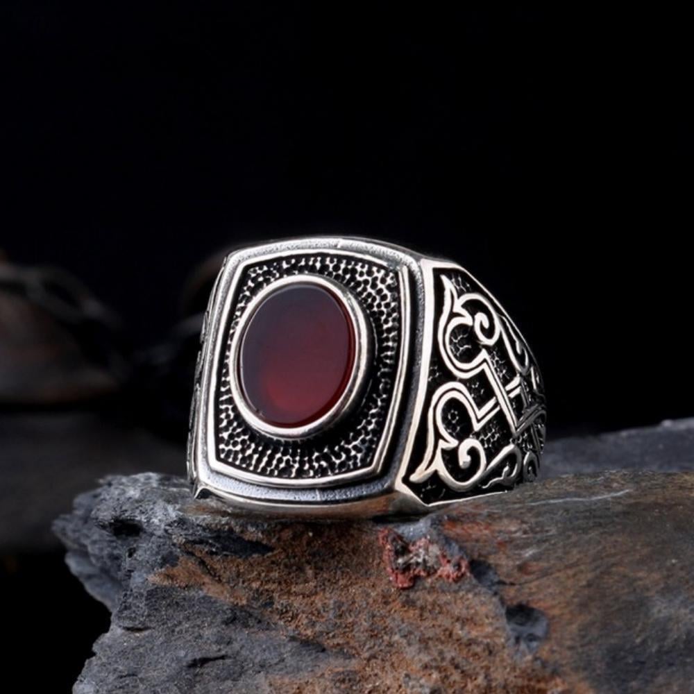 925 Ayar Gümüş Oval Akik Taşlı Desen Motifli Erkek YüzükAkik Taşlı Yüzükler