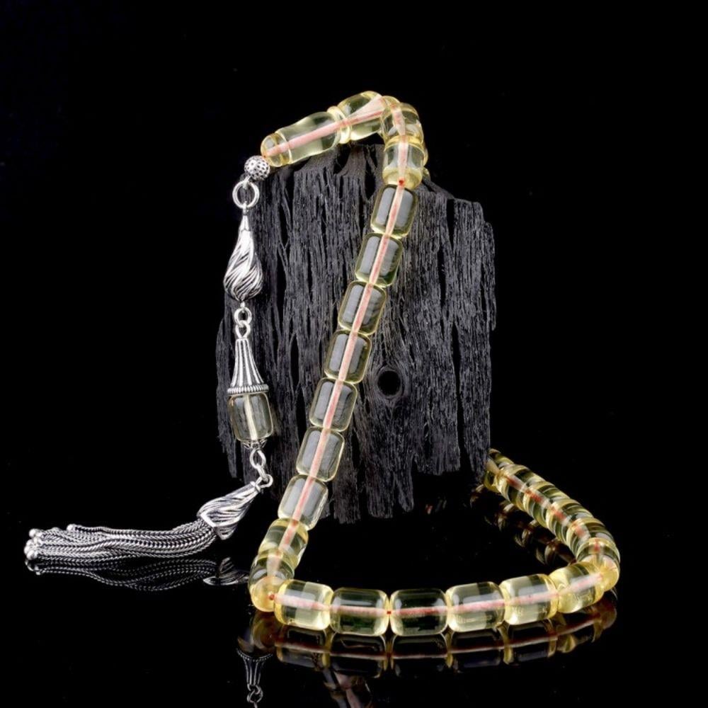 925 Ayar Gümüş Püsküllü Şeffaf Renk Damla Kehribar TesbihDamla Kehribar Tesbih