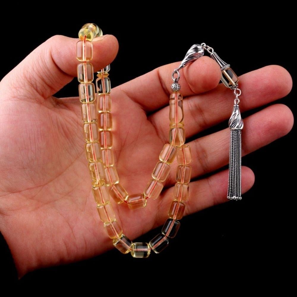 925 Ayar Gümüş Püsküllü Şeffaf Renk Damla Kehribar TesbihDamla Kehribar Tesbih