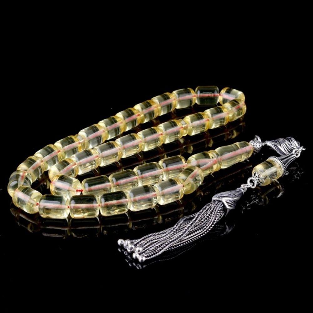 925 Ayar Gümüş Püsküllü Şeffaf Renk Damla Kehribar TesbihDamla Kehribar Tesbih