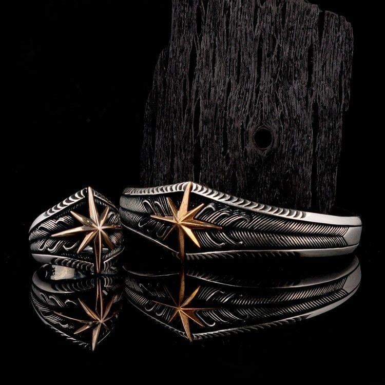 925 Ayar Gümüş Pusula Model Yüzük Bileklik KombiniYüzük Bileklik Kombinleri