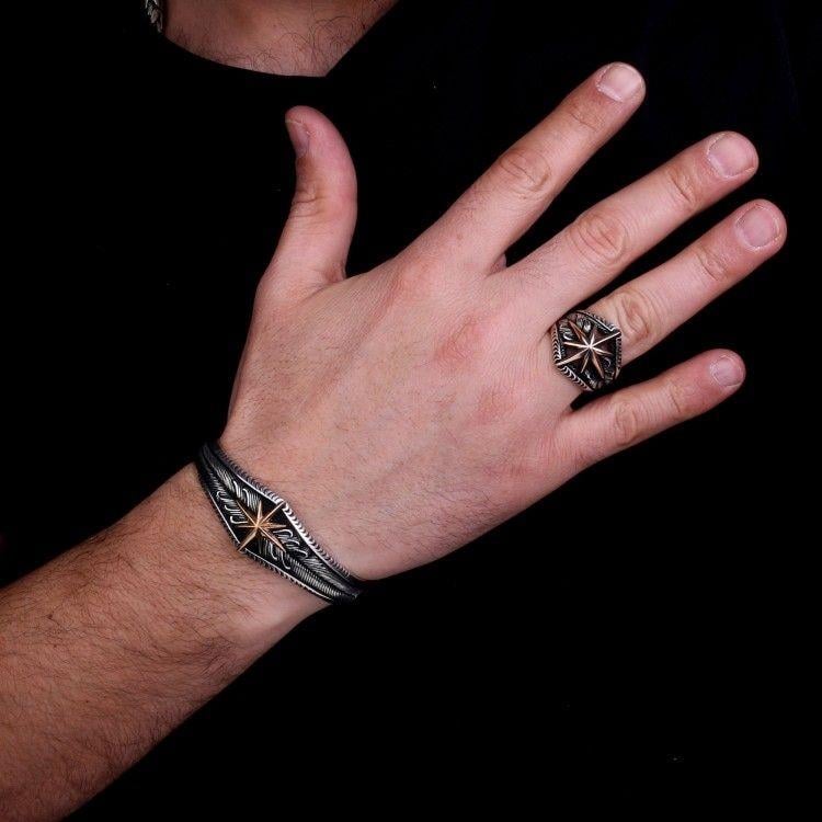 925 Ayar Gümüş Pusula Model Yüzük Bileklik KombiniYüzük Bileklik Kombinleri