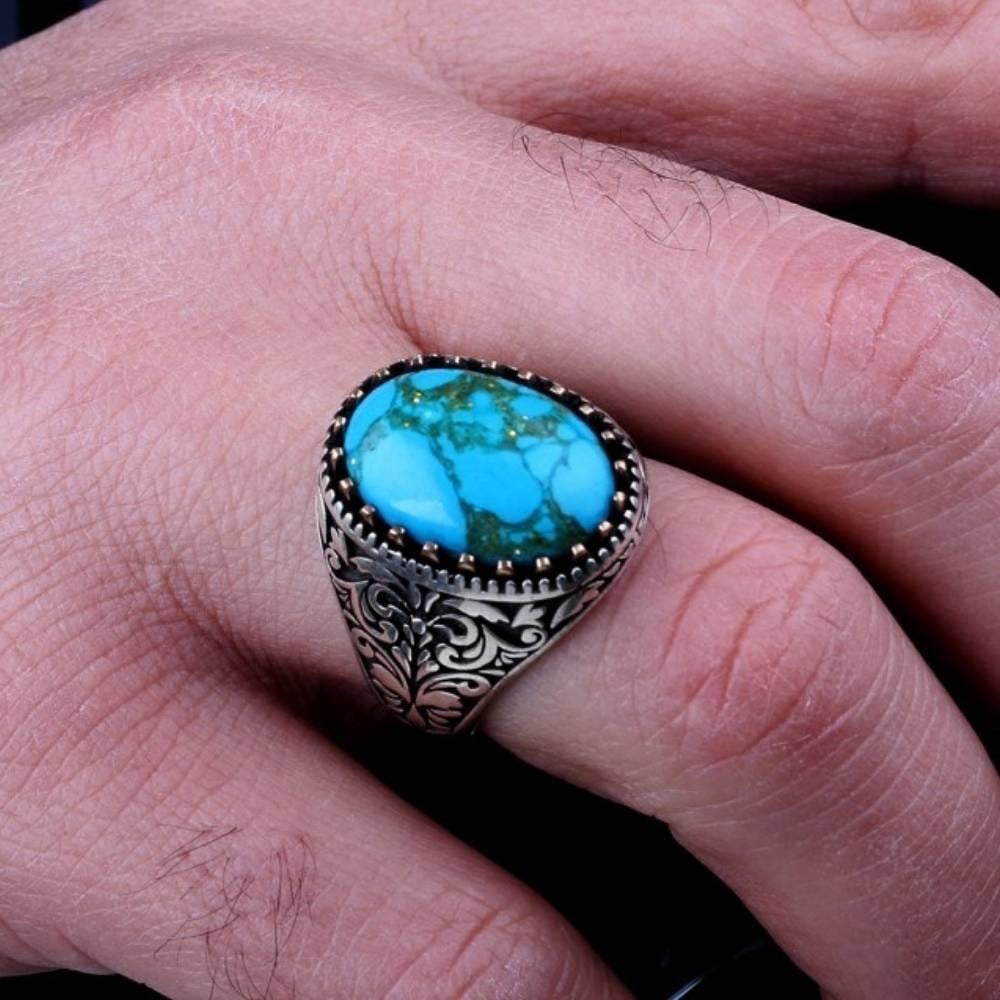 925 Ayar Gümüş Turkuaz Taşlı Erkek YüzükFiruze Taşlı Yüzükler