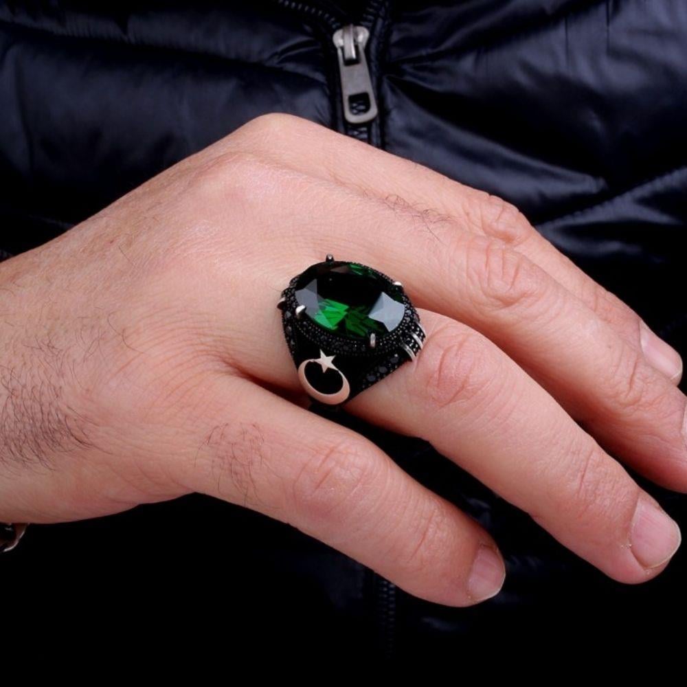 925 Ayar Gümüş Yeşil Renk Zirkon Taşlı Ay Yıldız YüzükAy Yıldız Yüzük