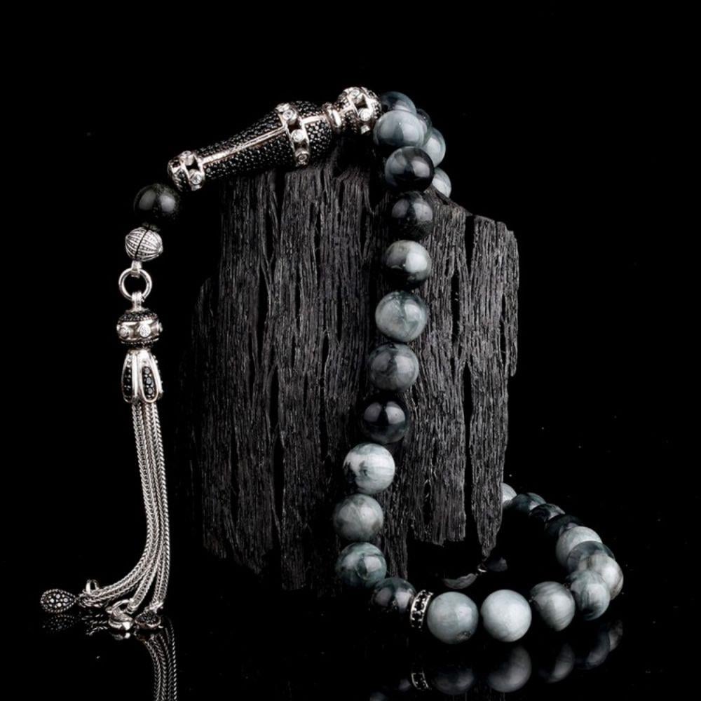 925 Ayar Gümüş Zirkon Set Püsküllü Kaplangözü Taşlı TesbihKaplan Gözü Tesbih