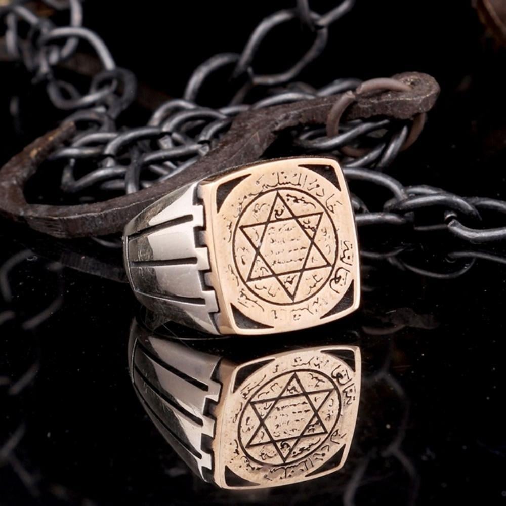 925 Ayar Mühr-ü Süleyman İşlemeli Gümüş Erkek YüzükSüleyman Mührü Yüzükler