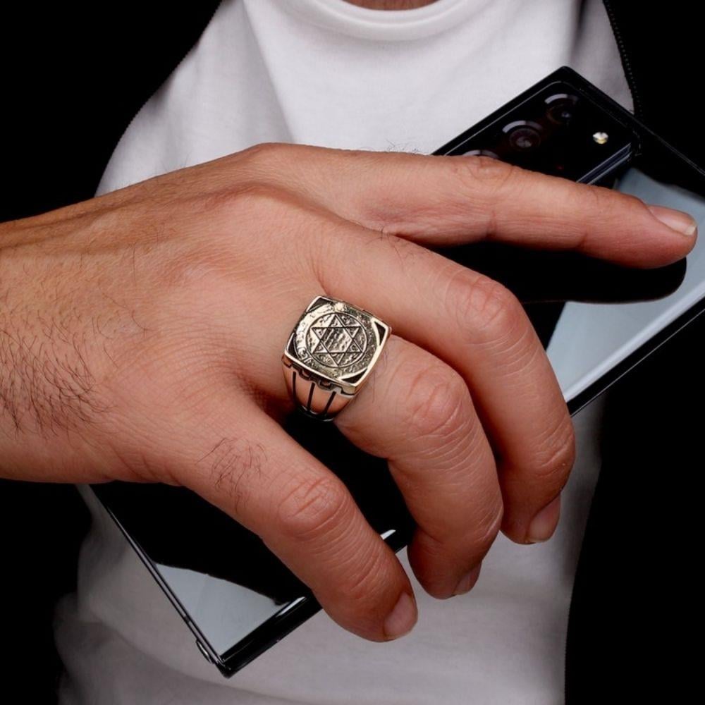 925 Ayar Mühr-ü Süleyman İşlemeli Gümüş Erkek YüzükSüleyman Mührü Yüzükler